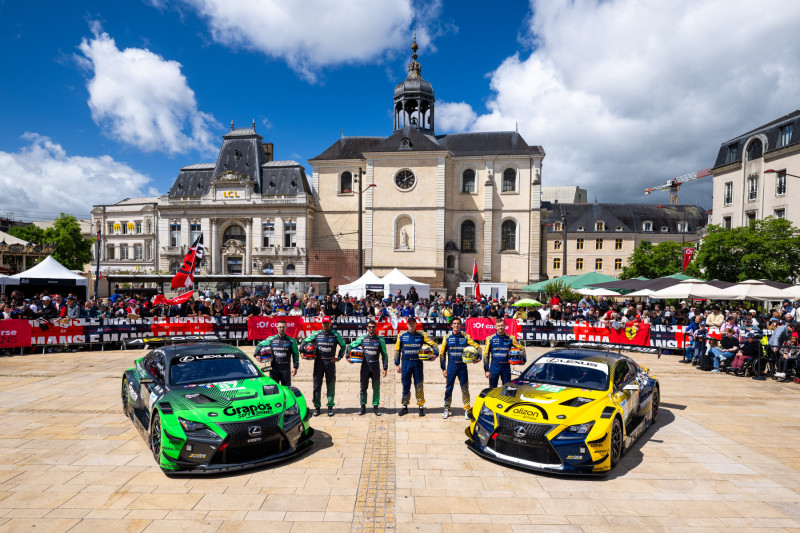 Ls deux Lexus RC F LMGT3 en présentation sur la place de la ville du Mans LM GT3, 78 VAN ROMPUY Tom (bel), DAVID Hadrien (fra), HAWKSWORTH Jack (gbr)